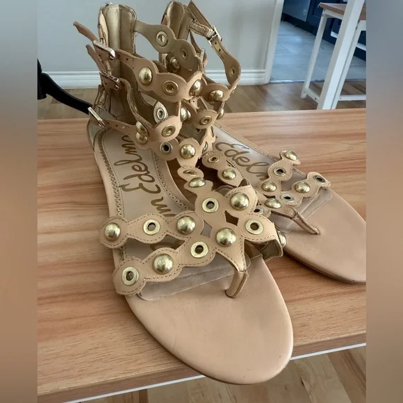 Sam Edelman Tan & Gold Metal Detail Boho Eclectic Desi Gladiator Sandals - Picture 11 of 13